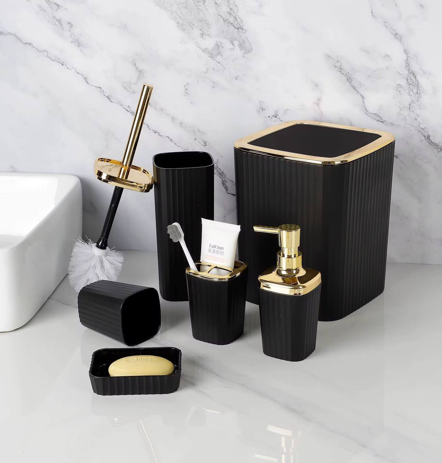 Kit Accessoires Salle de Bain 6Pièces Moderne Distributeur de Savon, Brosse WC, Porte Savon et Gobelet طقم إكسسوارات حمام