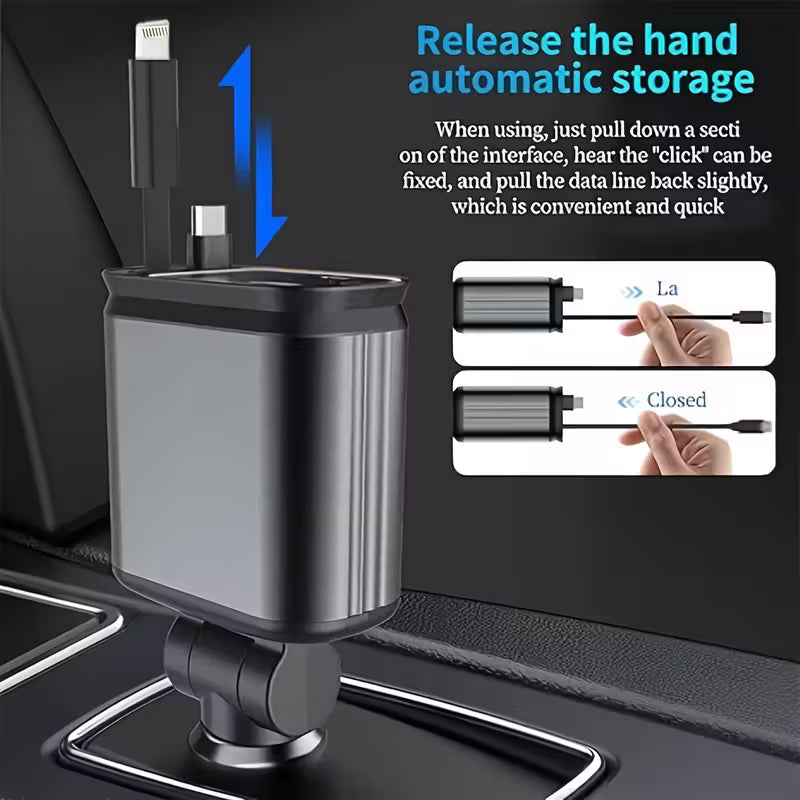 شاحن سيارة قابل للسحب Chargeur de voiture rétractable SAN.COMO avec adaptateur 4-en-1, câble télescopique de 31.5 pouces et 2 ports USB