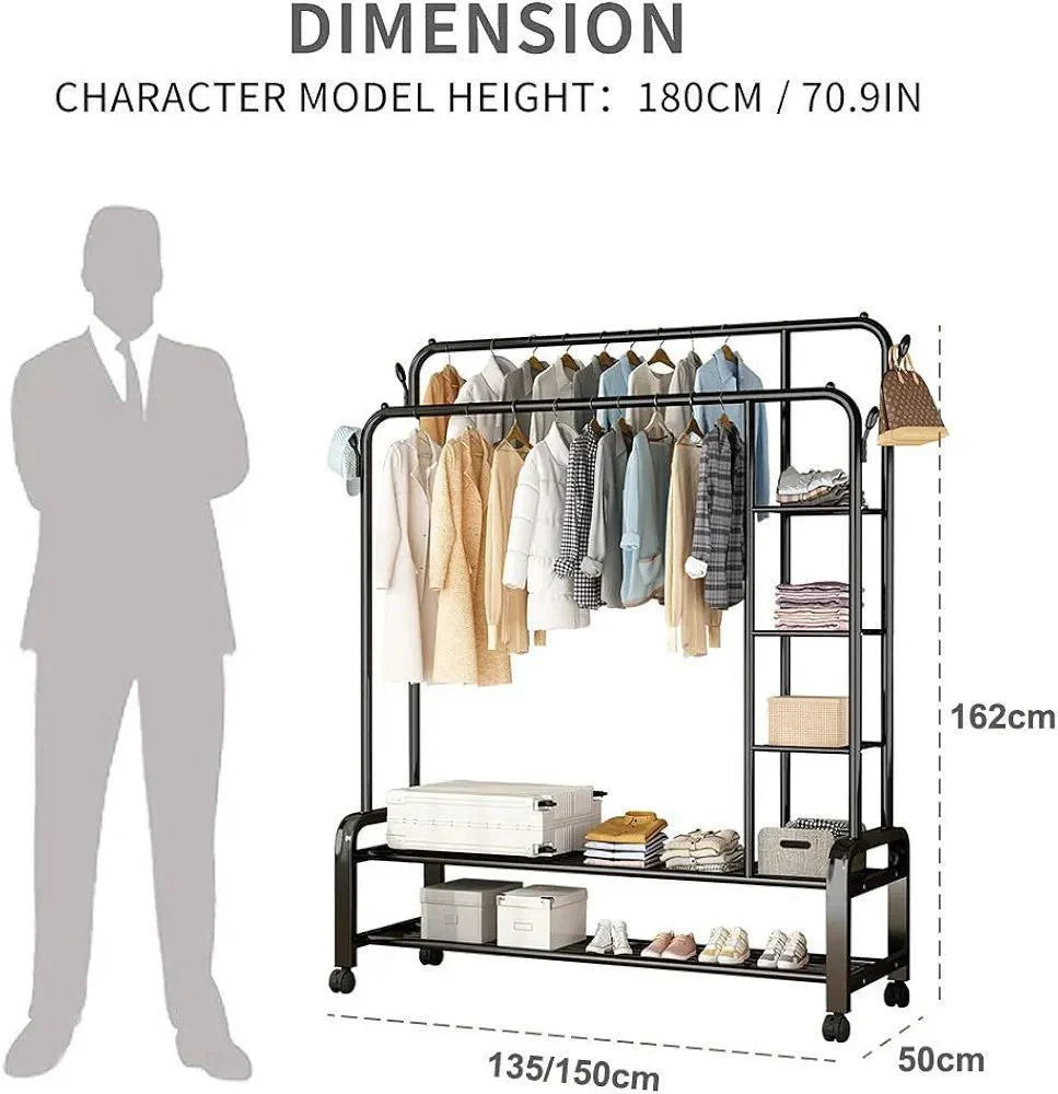 Porte-manteau autoportant robuste avec étagère pour vêtements et étagère à chaussures منظم الملابس حامل معاطف قائم ثقيل الشدة مع رف لتعليق الملابس وأرفف للأحذية