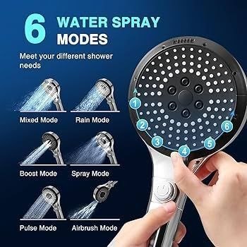 رأس دش أسود ب6 وظائف Pommeau de douche noir à 6 fonctions doté de fonctionnalités anti-calcaire et d'augmentation de la pression