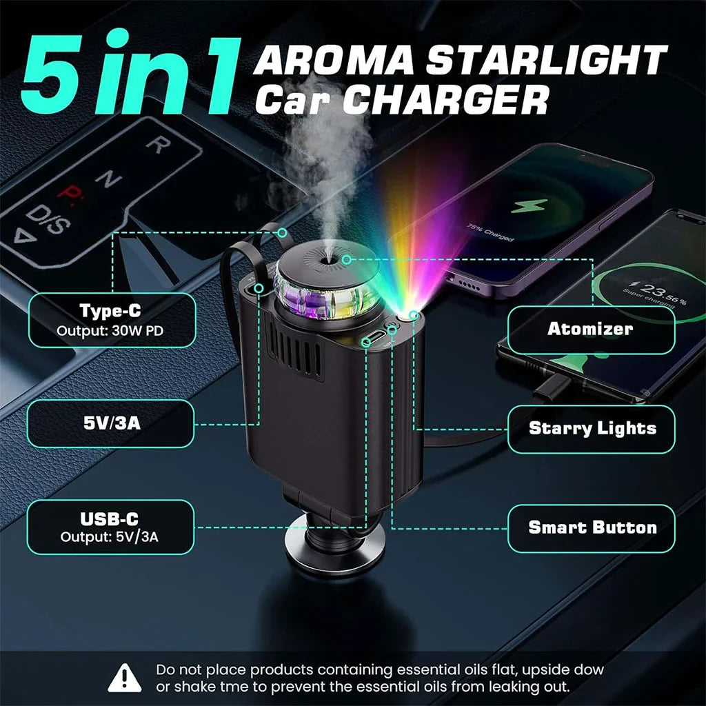 شاحن سيارة قابل للسحب 5 في 1 من ستارلايت مع موزع روائح مدمج Chargeur de Voiture 5-en-1 Starlight Rétractable Diffuseur d’Arôme Intégré