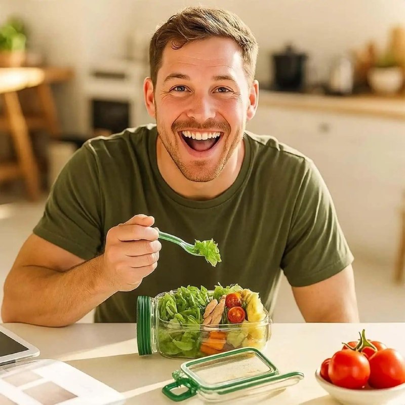 علبة سلطة محمولة بفتحة جانبية وغطاء Bocal à Salade Portable à Ouverture Latérale avec Couvercle
