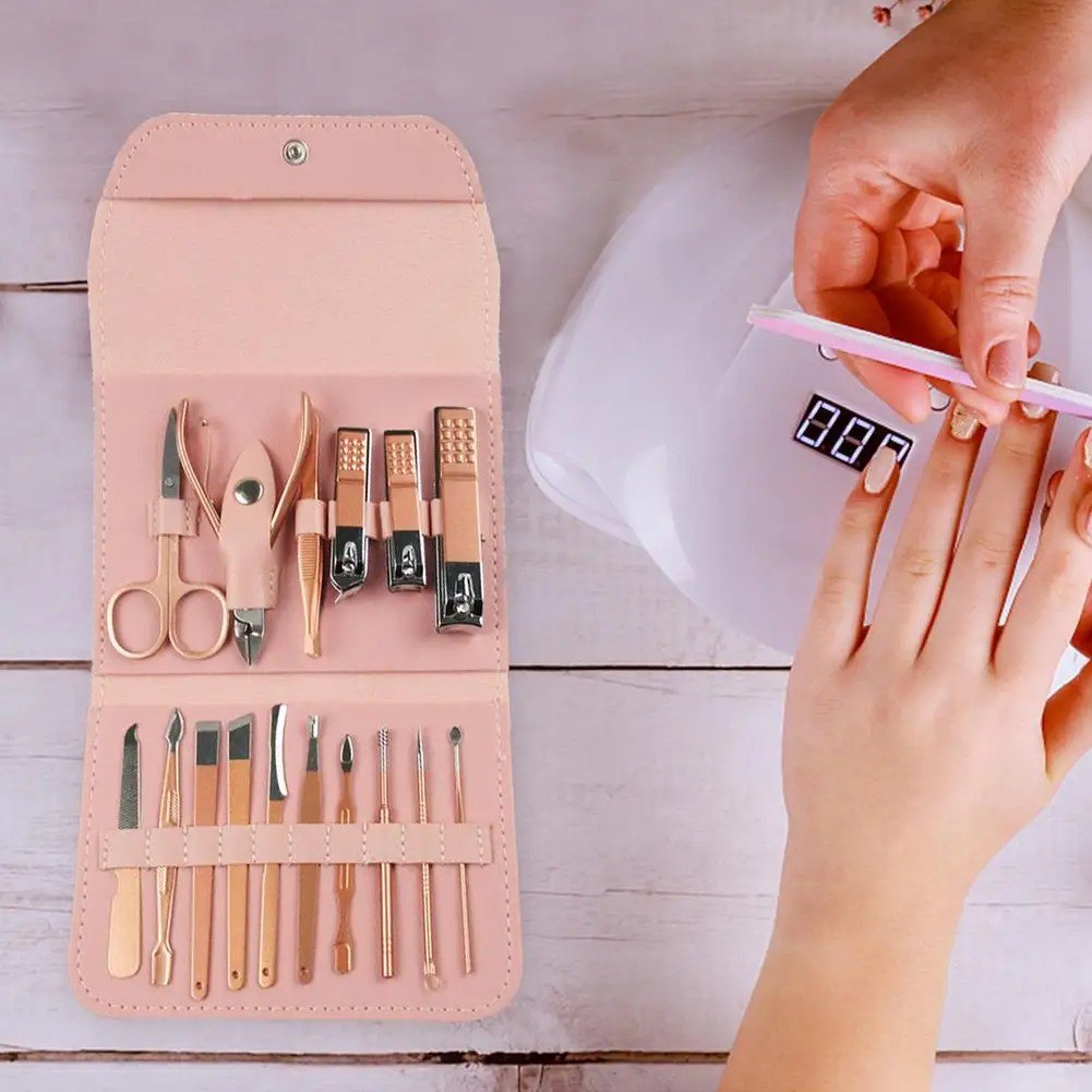Kit complet de pédicure en acier inoxydable Ensemble de manucure professionnel مجموعة مانيكير احترافية مكونة من 12/16 قطعة، مجموعة باديكير كاملة من الفولاذ المقاوم للصدأ مع حقيبة جلدية محمولة، فكرة هدية