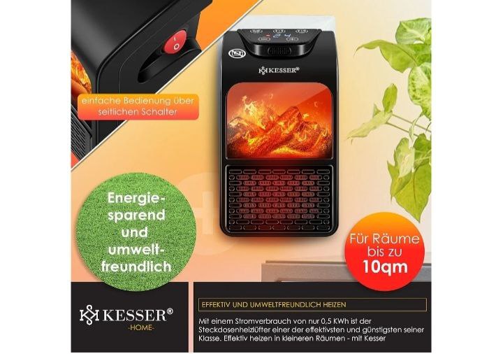 سخان جداري محمول بتصميم لهب Radiateur soufflant Céramique sur prise, 2000W Mini chauffage télécommandé 400W sur prise secteur mural portable avec motif flamme