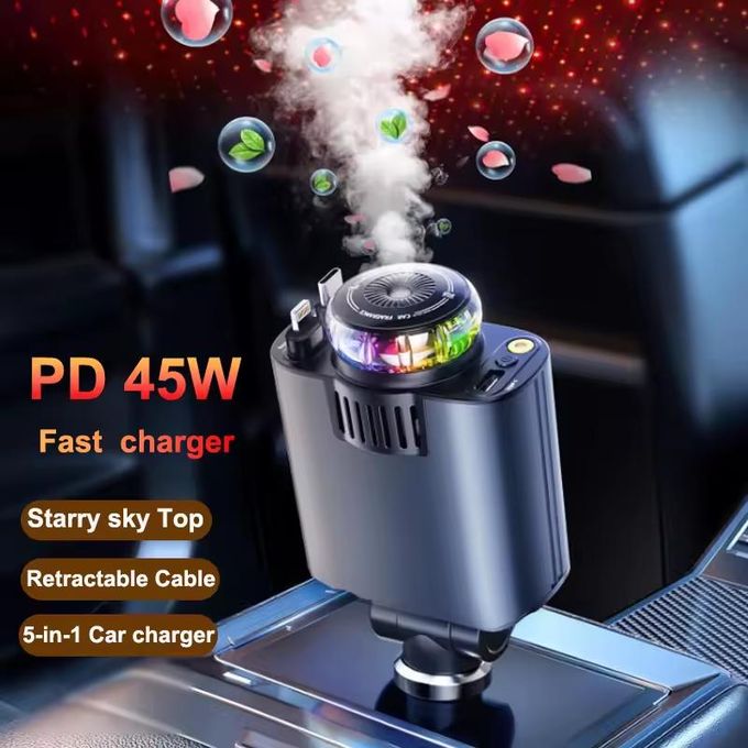 شاحن سيارة 5 في 1 بقوة 45 واط مع كابلات قابلة للسحب Chargeur de Voiture 45W 5-en-1 avec Câbles Rétractables