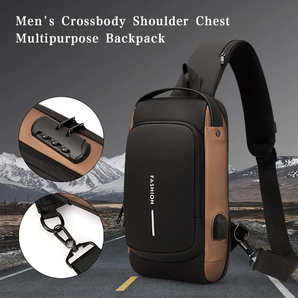 Sac à Bandoulière en Cuir Multi-Poches, Sac Imperméable Antivol, Chargeur USB