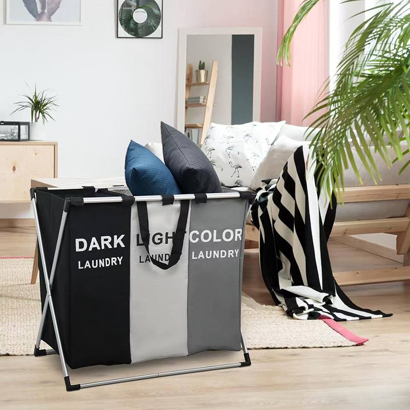 سلة الغسيل قابلة للطي وسهلة الاستعمال Panier à linge avec trois compartiments, pliable en forme de X, Organisateur linge