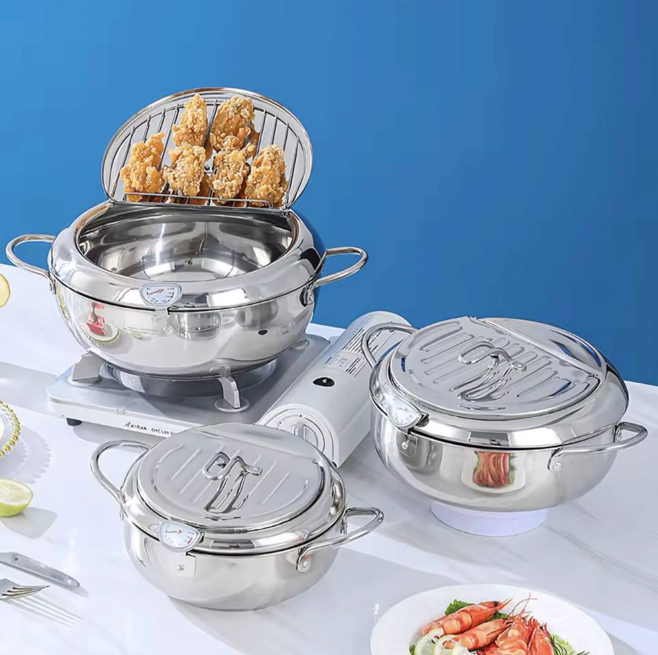 poêle à tempura japonaise قدر قلي عميق للمطبخ مع ميزان حرارة وغطاء، مقلاة من الفولاذ المقاوم للصدأ، مقلاة تمبورا يابانية