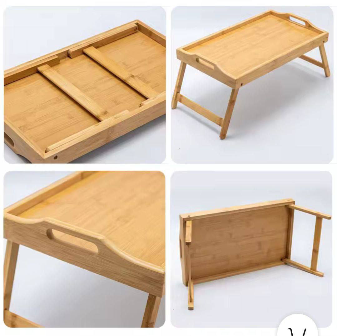 طاولة سرير كبيرة من الخيزران مع أرجل قابلة للطي ومقابض خشبية Grande table de lit en bambou avec pieds pliants et poignées en bois