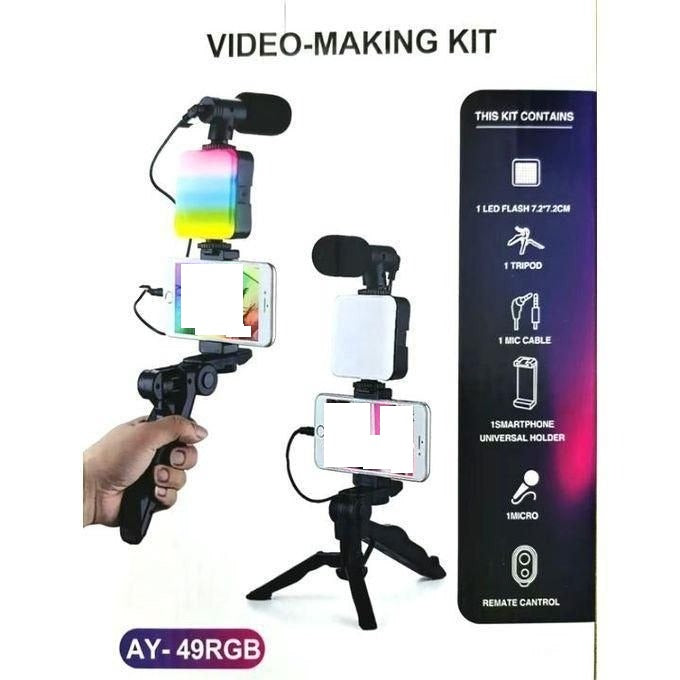 Kit Vlogging Smartphone AY49 RGB avec Trépied, Lampe LED et Micro Sans Fil طقم تصوير فيديو للهواتف الذكية AY49 RGB مع حامل ثلاثي القوائم، وإضاءة LED، وميكروفون لاسلكي للبث المباشر وإنشاء المحتوى