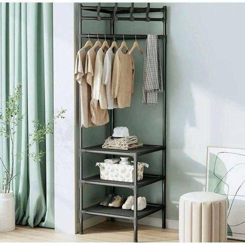 Portant à vêtements métallique multifonctionnel avec étagères de rangement pour chaussures et accessoires رف ملابس معدني متعدد الوظائف مزود بأرفف تخزين للأحذية والإكسسوارات