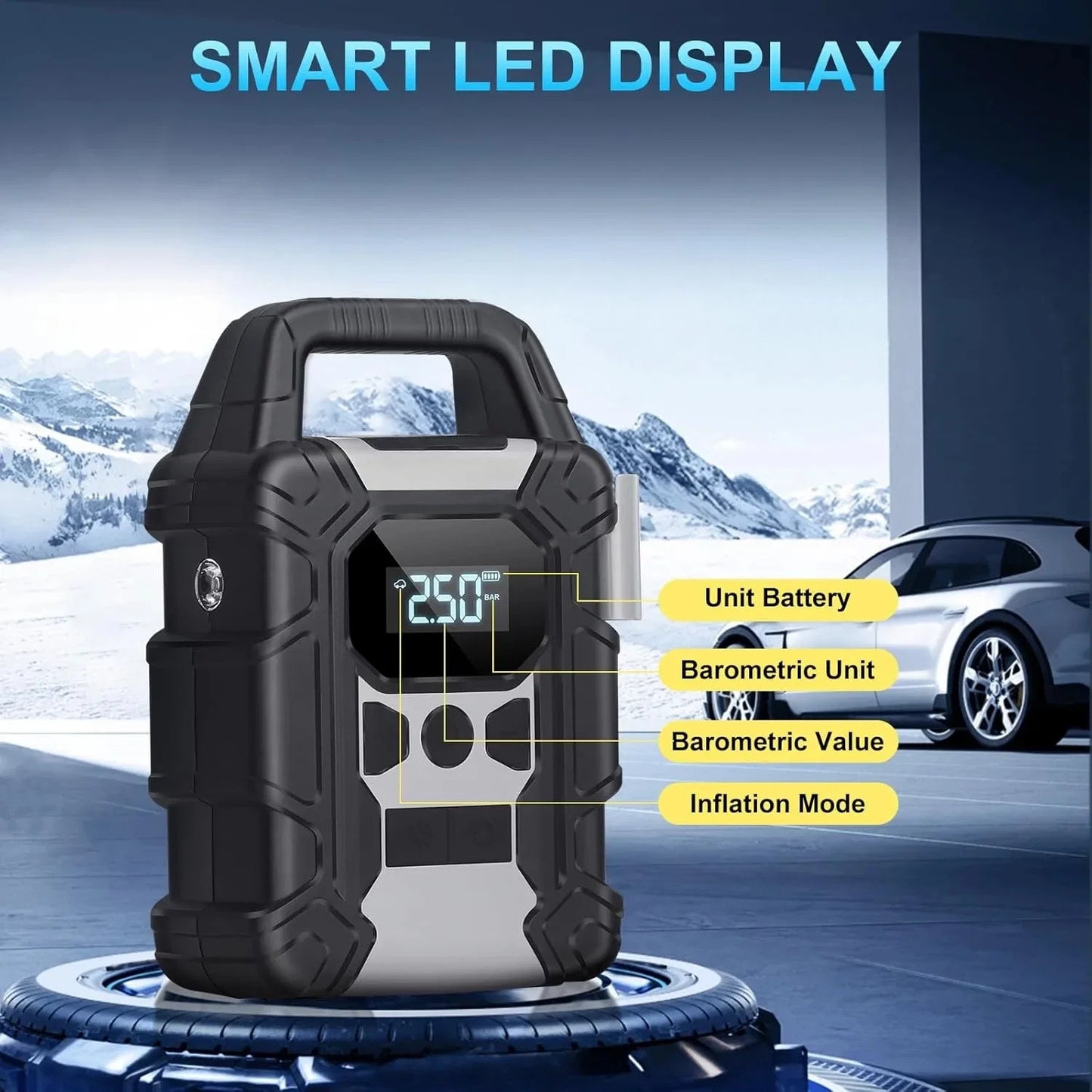 ضاغط هواء صغير قابل لإعادة الشحن Y-QB02 7500MAH Tire Inflator Mini Compresseur d’Air Rechargeable 150 PSI Écran LED