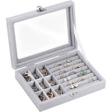 Boîte à Bijoux en Velours صندوق مجوهرات مخملي، تخزين المجوهرات مع غطاء زجاجي