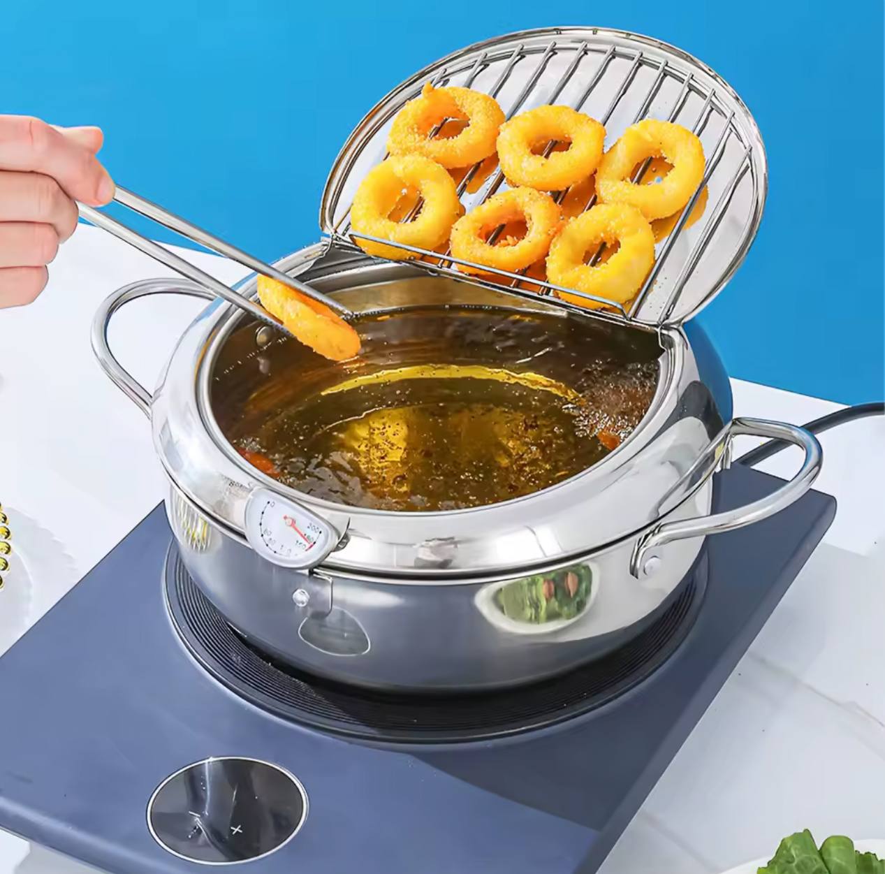 poêle à tempura japonaise قدر قلي عميق للمطبخ مع ميزان حرارة وغطاء، مقلاة من الفولاذ المقاوم للصدأ، مقلاة تمبورا يابانية