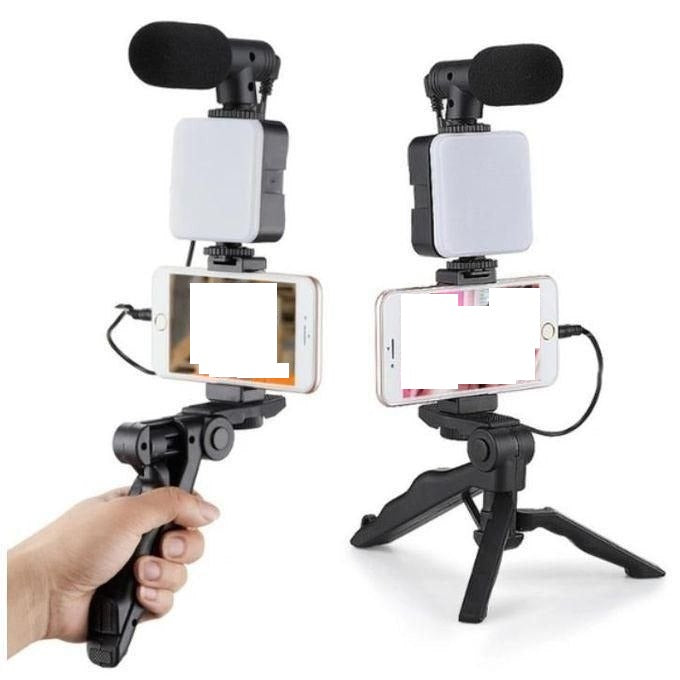 Kit Vlogging Smartphone AY49 RGB avec Trépied, Lampe LED et Micro Sans Fil طقم تصوير فيديو للهواتف الذكية AY49 RGB مع حامل ثلاثي القوائم، وإضاءة LED، وميكروفون لاسلكي للبث المباشر وإنشاء المحتوى