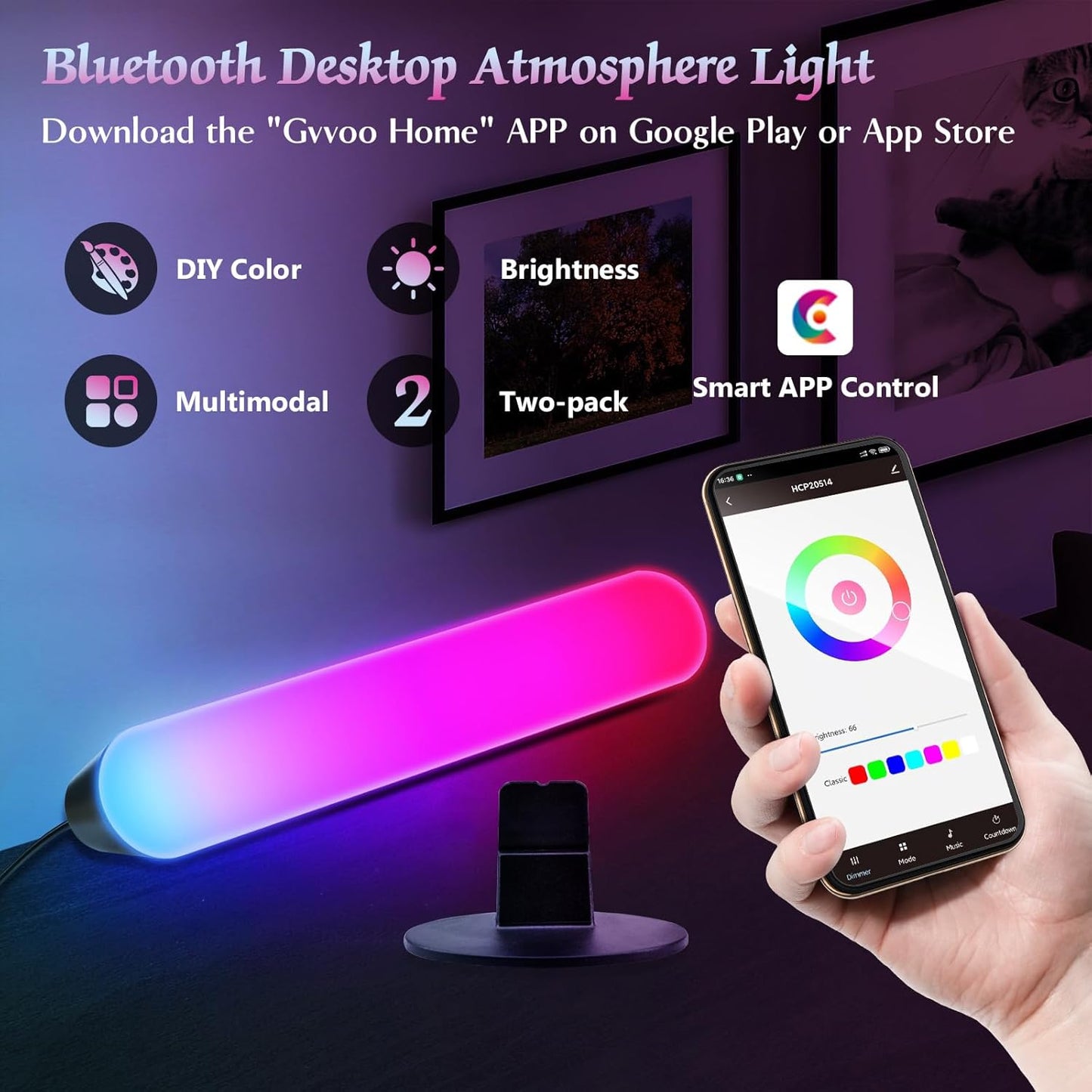 LED light Bar Lot de 2 barres lumineuses LED intelligentes مصابيح متزامنة مع الموسيقى إضاءة مزاجية للتلفزيون والكمبيوتر والأفلام