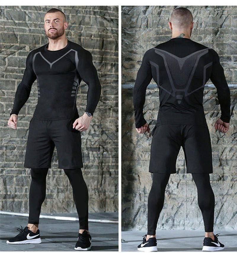 طقم ضغط كامل بأكمام طويلة وجوارب لياقة بدنية Tenue complète de compression Maillot manches longues&Collant Fitness Respirant