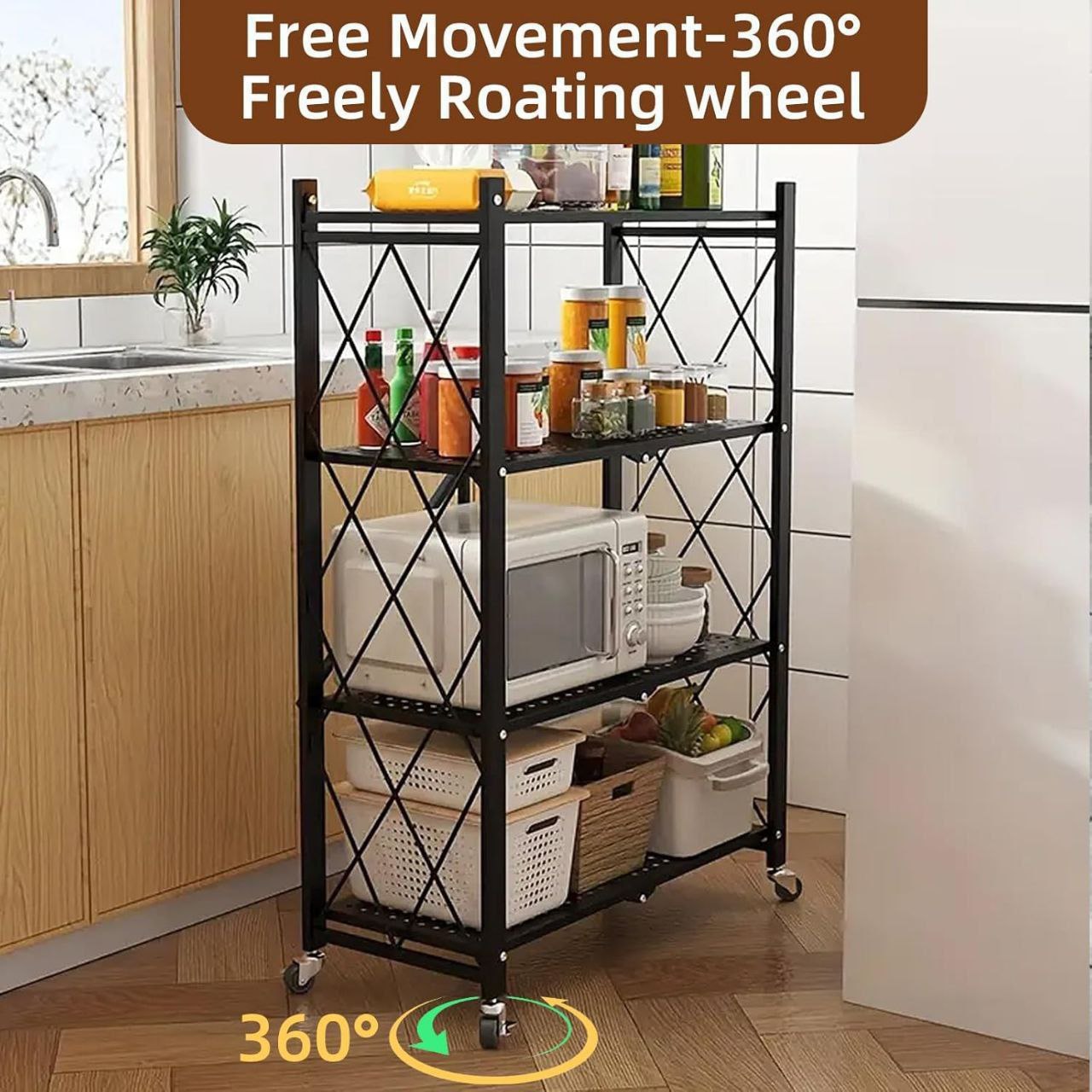 رف معدني قابل للطي بأربع طبقات وعجلات Étagère en Métal Pliable avec 4 Couches et Roues