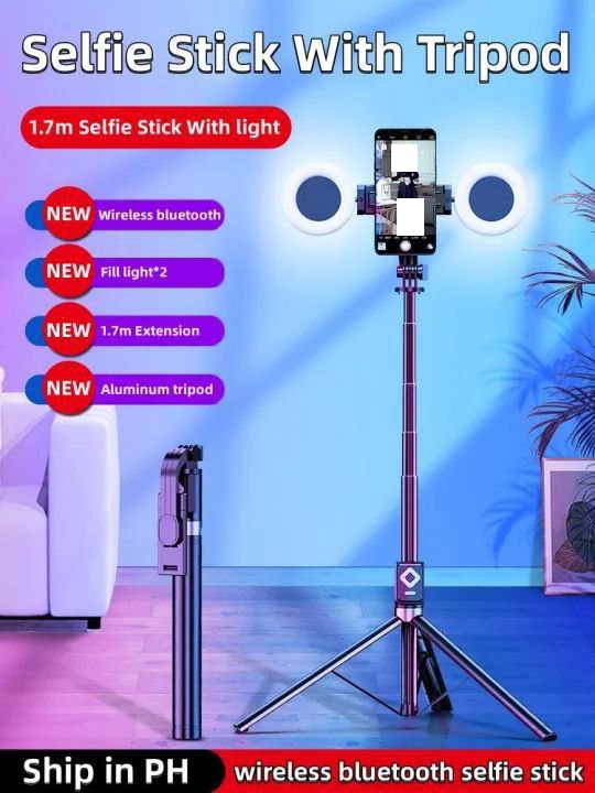 عصا سيلفي بلوتوث 6 في 1 مع حامل ثلاثي مدمج وحلقة إضاءة LED مزدوجة Perche à selfie Bluetooth 6-en-1 avec trépied intégré et double anneau lumineux LED