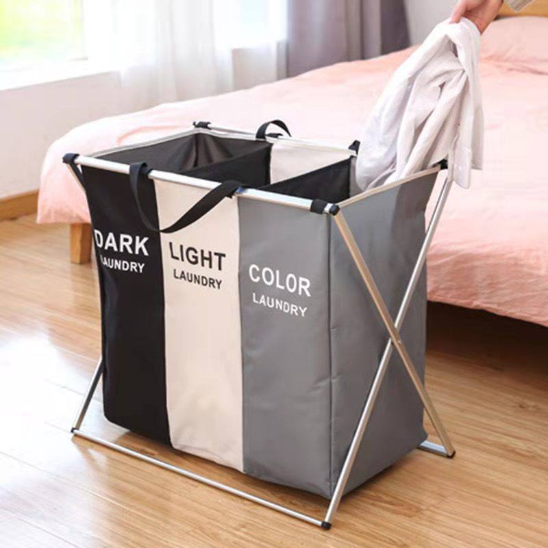 سلة الغسيل قابلة للطي وسهلة الاستعمال Panier à linge avec trois compartiments, pliable en forme de X, Organisateur linge