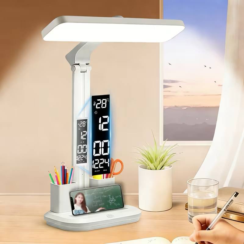ساعة مصباح مكتب LED برأس مزدوج Lampe de bureau LED à double tête avec fonction horloge et variateur d'intensité