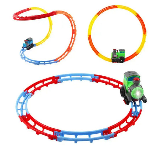 مجموعة قطار مرنة مزودة بأصوات وأضواء. لعبة تفاعلية للأطفال Circuit de jeu de train flexible avec son et lumières Jeu interactif pour enfants