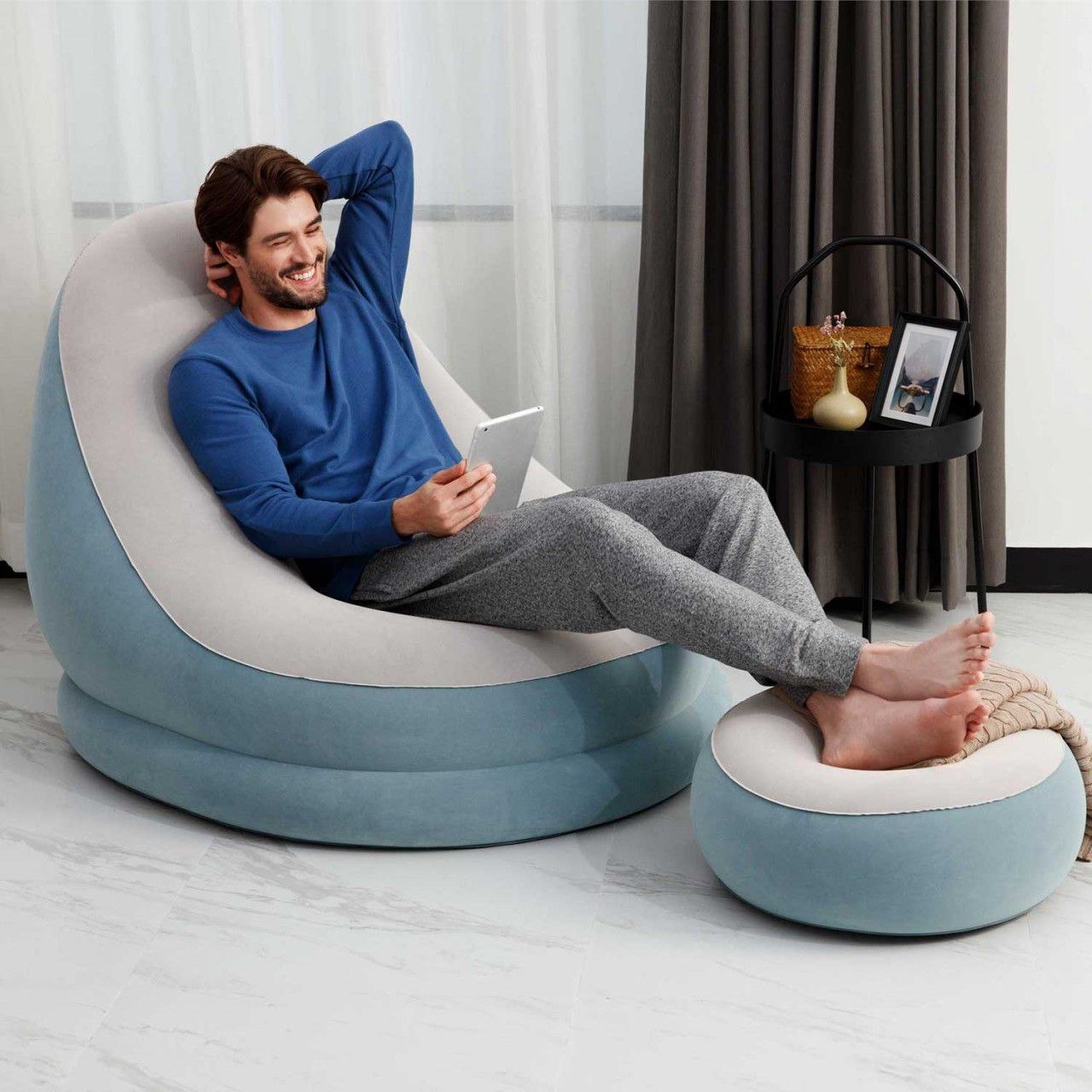 كرسي أريكة استرخاء قابل للنفخ محمول مع مسند للقدمين Chaise Longue Gonflable Portable avec Pouf Canapé Pliable