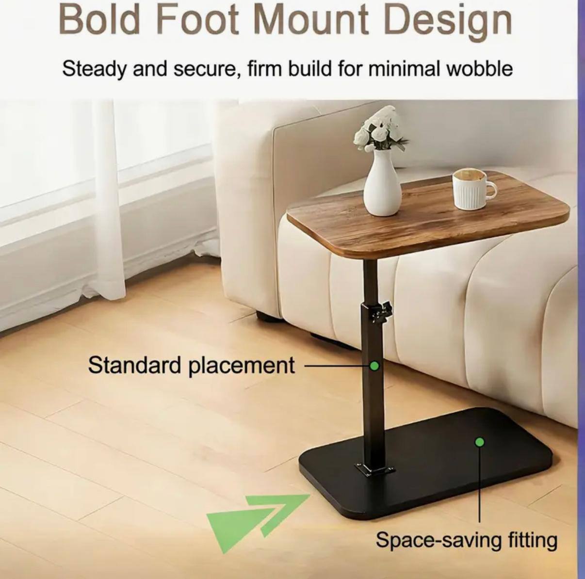 Table d'appoint élégante à Hauteur et angle réglables طاولة جانبية أنيقة قابلة لتعديل الارتفاع والزاوية، بتصميم عصري وسطح خشبي وإطار معدني