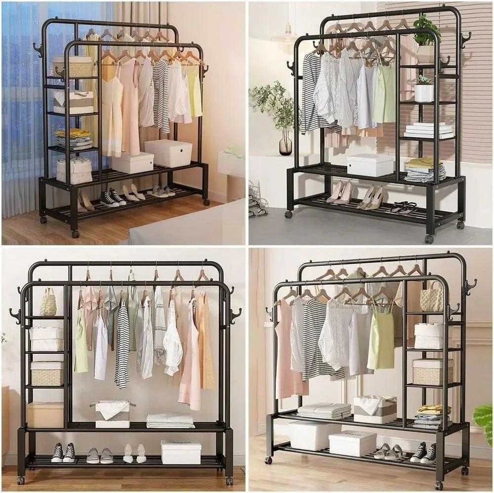 Porte-manteau autoportant robuste avec étagère pour vêtements et étagère à chaussures منظم الملابس حامل معاطف قائم ثقيل الشدة مع رف لتعليق الملابس وأرفف للأحذية