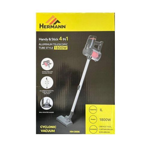HERMANN Cyclonic vacuum Handy and stick 4in مكنسة كهربائية إعصارية 4 في 1، أنبوب تلسكوبي من الألومنيوم، 1800 واط