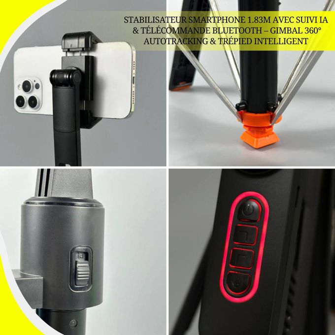 عصا سيلفي طراز Q625 مزودة بتقنية التتبع الذكي بالذكاء الاصطناعي Bâton Selfie Gimbal Q625 AI Suivi Intelligent 360° avec Trépied