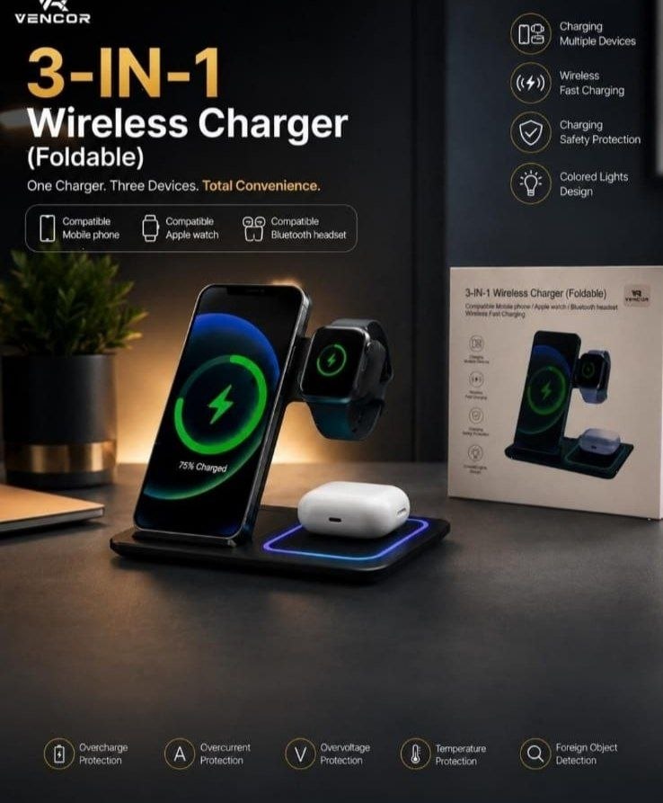 شاحن لاسلكي قابل للطي 3 في 1 Support de chargeur sans fil pliable 3 en 1, station de charge rapide 15W