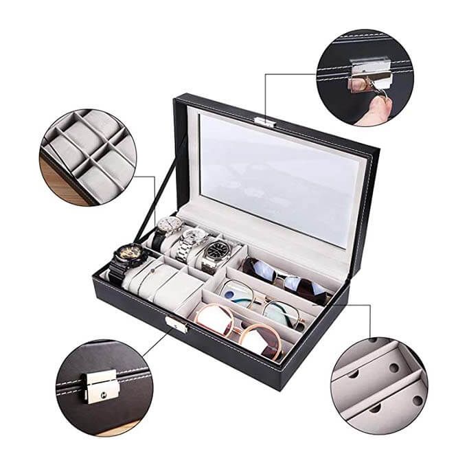 صندوق جلدي للساعات والنظارات، ومنظم نظارات بغطاء زجاجي Coffret en cuir pour montres et lunettes
