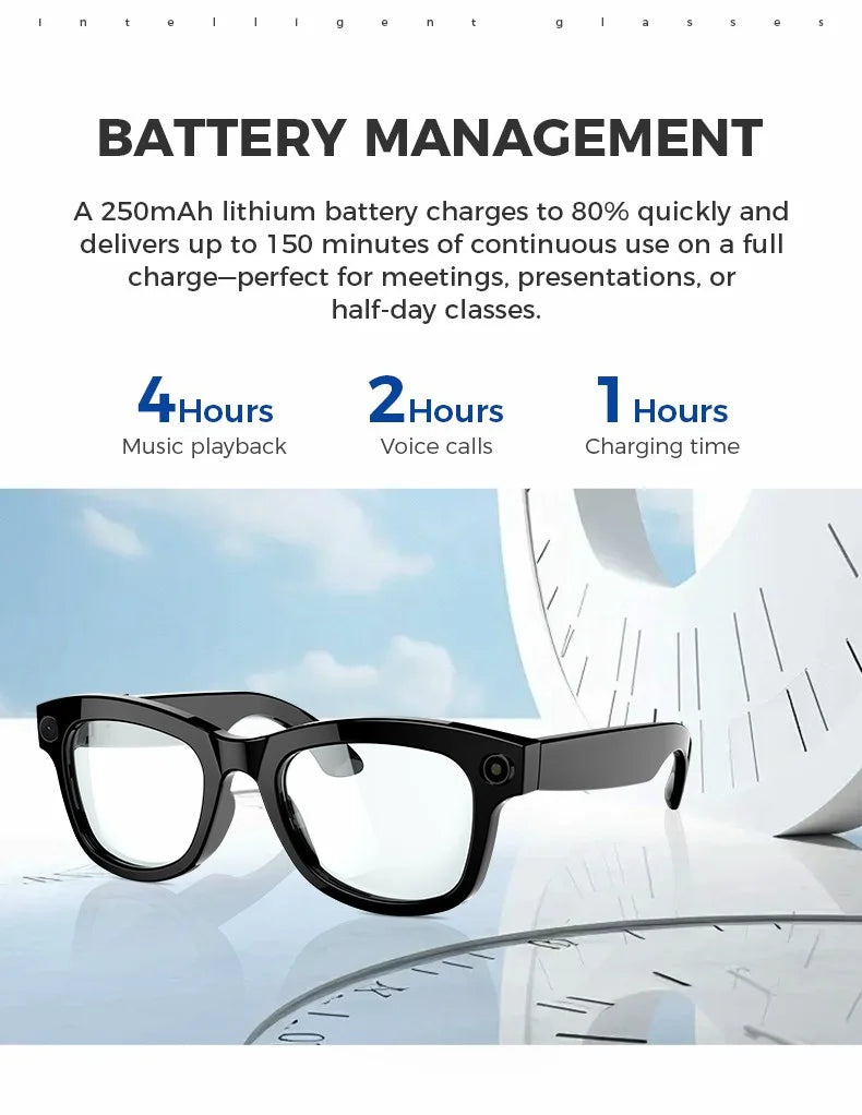 Lunettes Audio Intelligentes Bluetooth M01 avec Caméra Intégrée, Assistant Vocal IA, Traduction en Temps Réel نظارات صوتية ذكية M01 مزودة بتقنية البلوتوث وكاميرا مدمجة ومساعد صوتي بالذكاء الاصطناعي وترجمة فورية ومكالمات وموسيقى