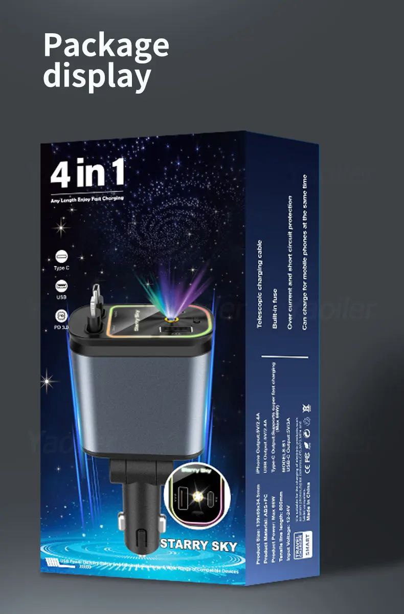 Charge rapide auto multifonction 4-en-1 avec câbles rétractables