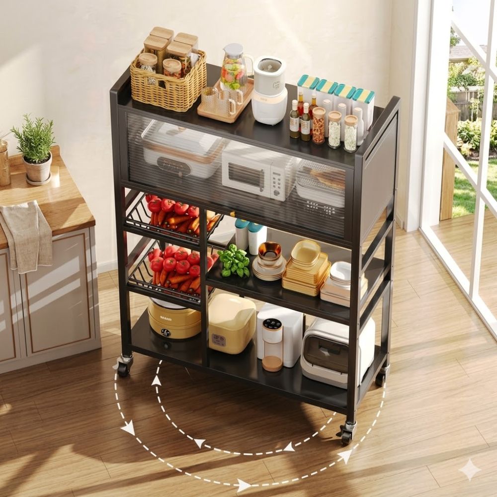 رف تنظيم المطبخ مع غطاء وسلال للفواكه والخضراوات Étagère de rangement de cuisine avec couvercle et paniers pour fruits et légumes