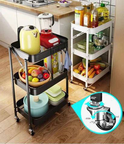 عربة تخزين معدنية سوداء قابلة للطي بثلاثة أرفف وعجلات Chariot de rangement pliable en métal noir à 3 niveaux avec des roulettes