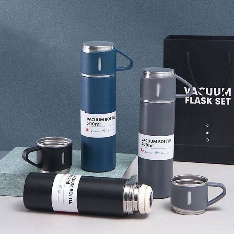 Thermos à double couche 500ml, en acier inoxydable, avec 3 tasse