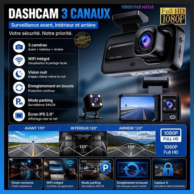 كاميرا لوحة القيادة Full HD 1080P بثلاث عدسات مسجل DVR برؤية ليلية Vehicle Blackbox DVR Full HD1080 Dashcam 3 Caméras Avant Intérieur Arrière avec WiFi