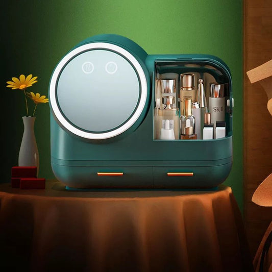 Organiseur de maquillage, boîte de rangement pour cosmétiques avec miroir LED