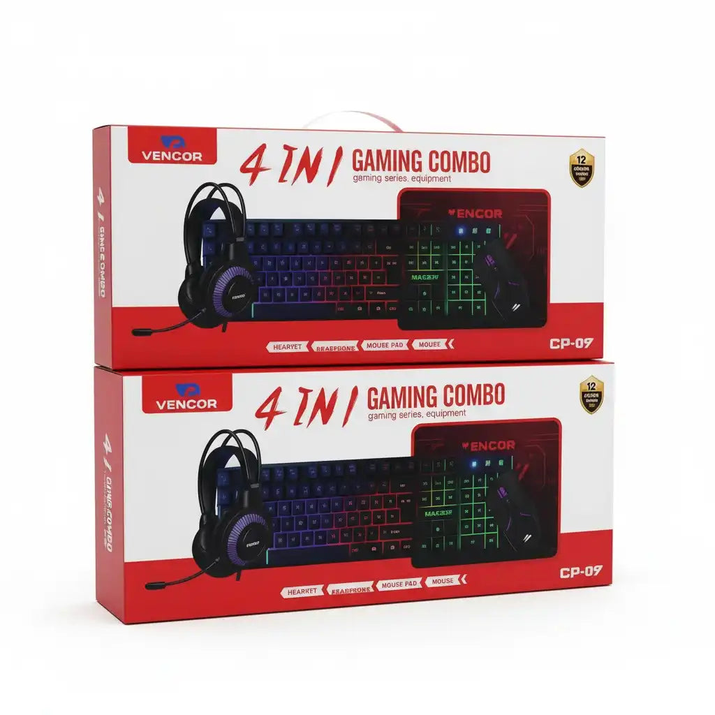 CP-09 Vencor Pack Gaming Combo 5en1 Ensemble Complet Filaire Clavier LED, Souris Optique, Casque Audio et Tapis de Souris