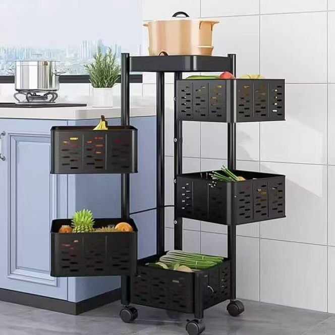 Etagère de rangement rotative 5 niveaux à roulettes, chariot cuisine multifonction mobile رف تخزين دوار بخمسة مستويات على عجلات، عربة مطبخ متنقلة متعددة الوظائف