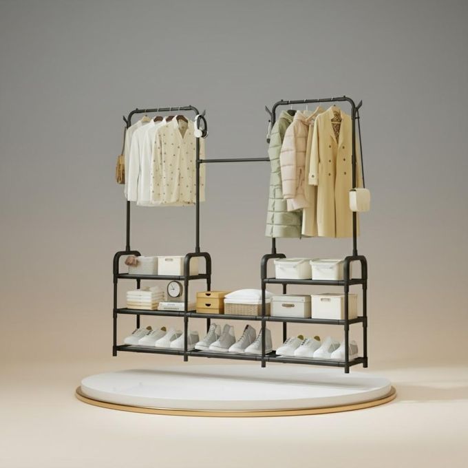 رف ملابس مزدوج قائم بذاته مع أرفف Multi Functional Coat Rack Portant à Vêtements Sur Pied Double et Étagères