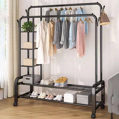 porte-vêtements en métal noir à double pôle avec des étagères de rangement خزانة ملابس رف ملابس معدني أسود مزدوج الأعمدة مع أرفف تخزين
