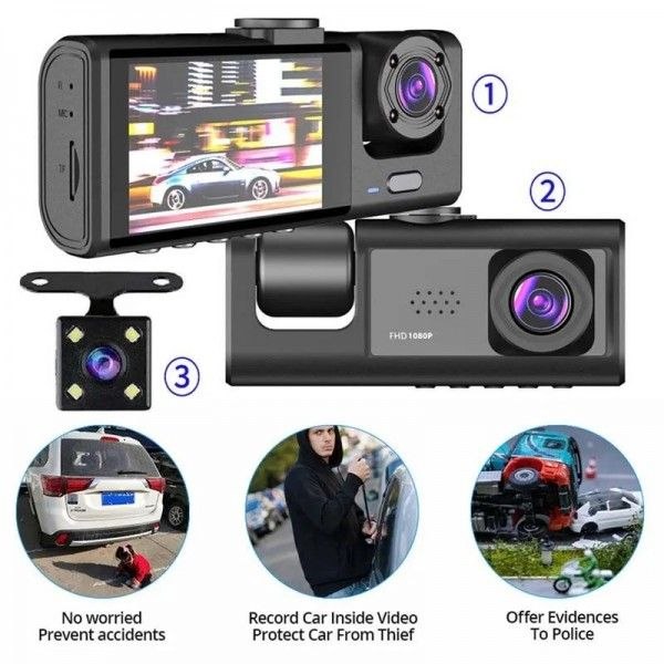 كاميرا لوحة قيادة بثلاث قنوات ثلاث عدسات Caméra de tableau de bord dashcam à 3 canaux