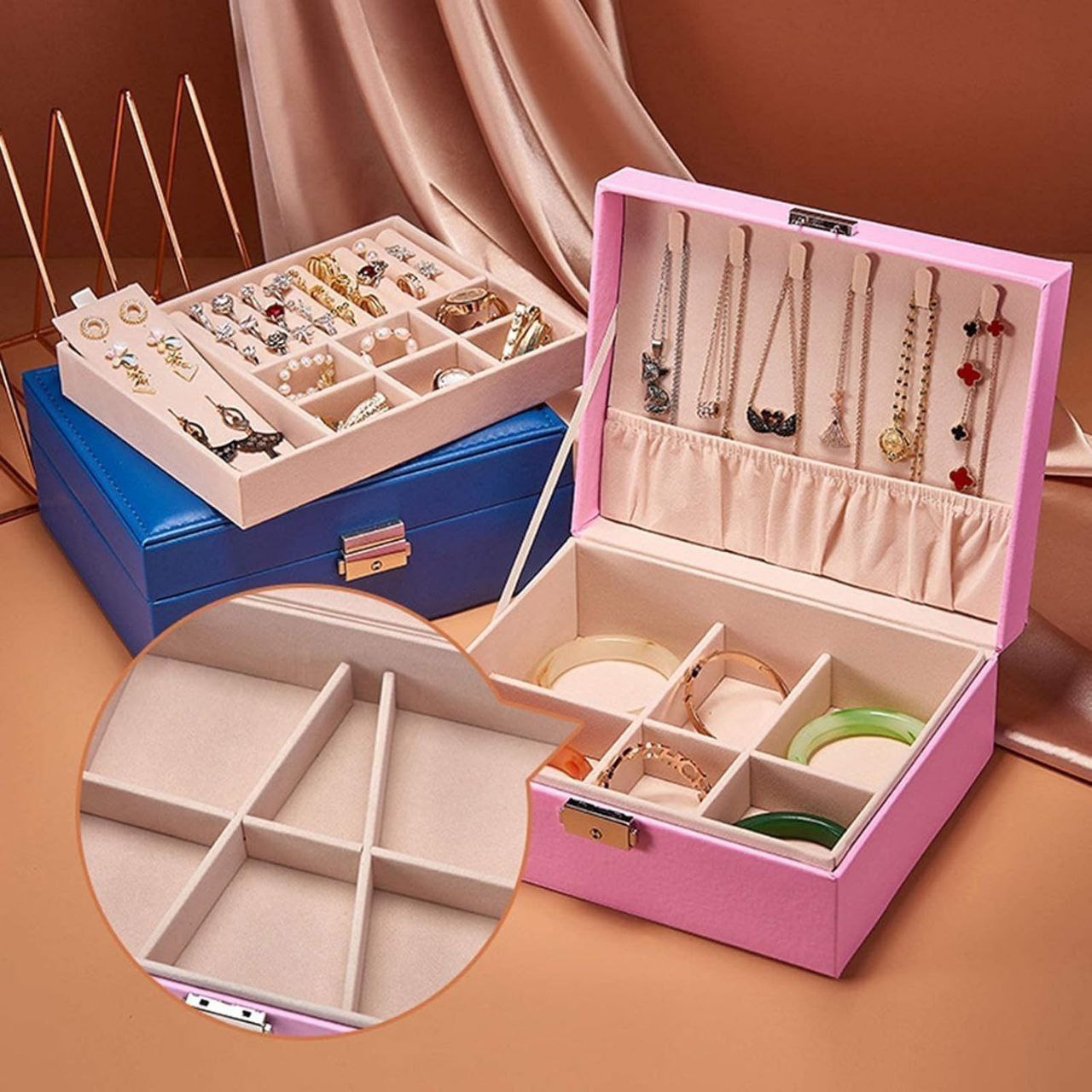 Boîte à Bijoux Élégante à Double Étage Coffret de Rangement  حقيبة تخزين منظمة مع قفل للخواتم والقلائد والأساور صندوق مجوهرات