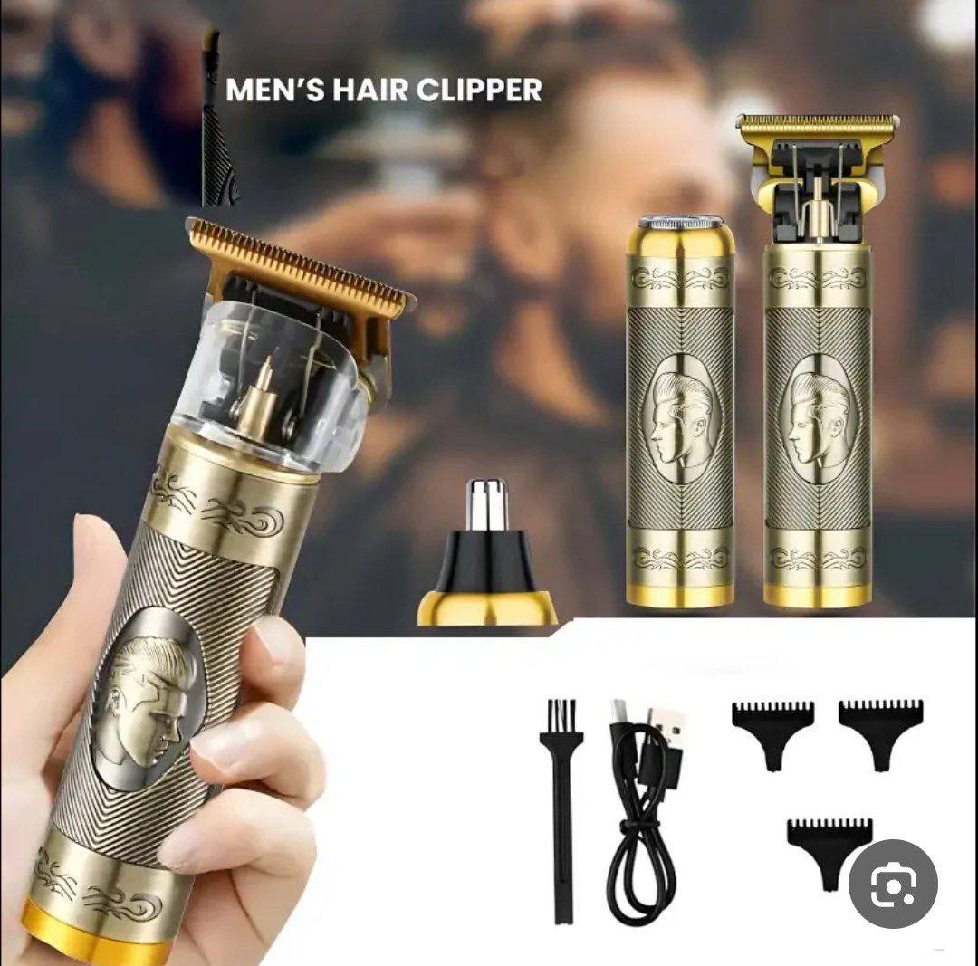 Professional Hair Clipper 3in1 3 en 1 Tondeuse à cheveux électrique professionnelle USB-C sans fil ماكينة حلاقة شعر كهربائية احترافية 3 في 1 لاسلكية بمنفذ USB-C، لون ذهبي