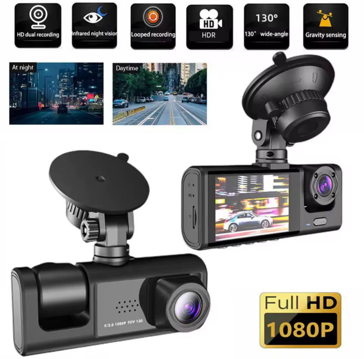 Caméra embarquée, enregistreur de trafic de bord 3 voies Super HD 1296p avec application mobile et Wi-Fi كاميرا أمامية للسيارة، مسجل حركة مرور مدمج فائق الوضوح بدقة 1296 بكسل