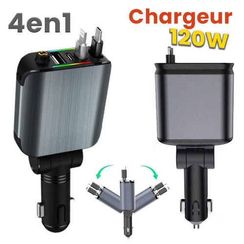 شاحن سيارة قابل للسحب Chargeur Voiture 4en1 Rétractable 120W avec toit Starlight