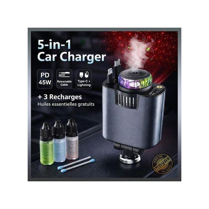 شاحن سيارة مع كابلات قابلة للسحب ناشر الزيوت الأساسية وإضاءة النجوم Chargeur de Voiture 45W 5-en-1 avec Câbles Rétractables, PD 30W, Diffuseur d’Huiles Essentielles et Lumière Starlight